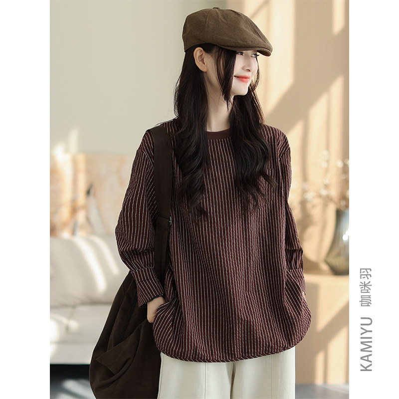 咖咪羽卫衣女秋季新款女士棉麻休闲格子上衣宽松圆领拼接女装上衣