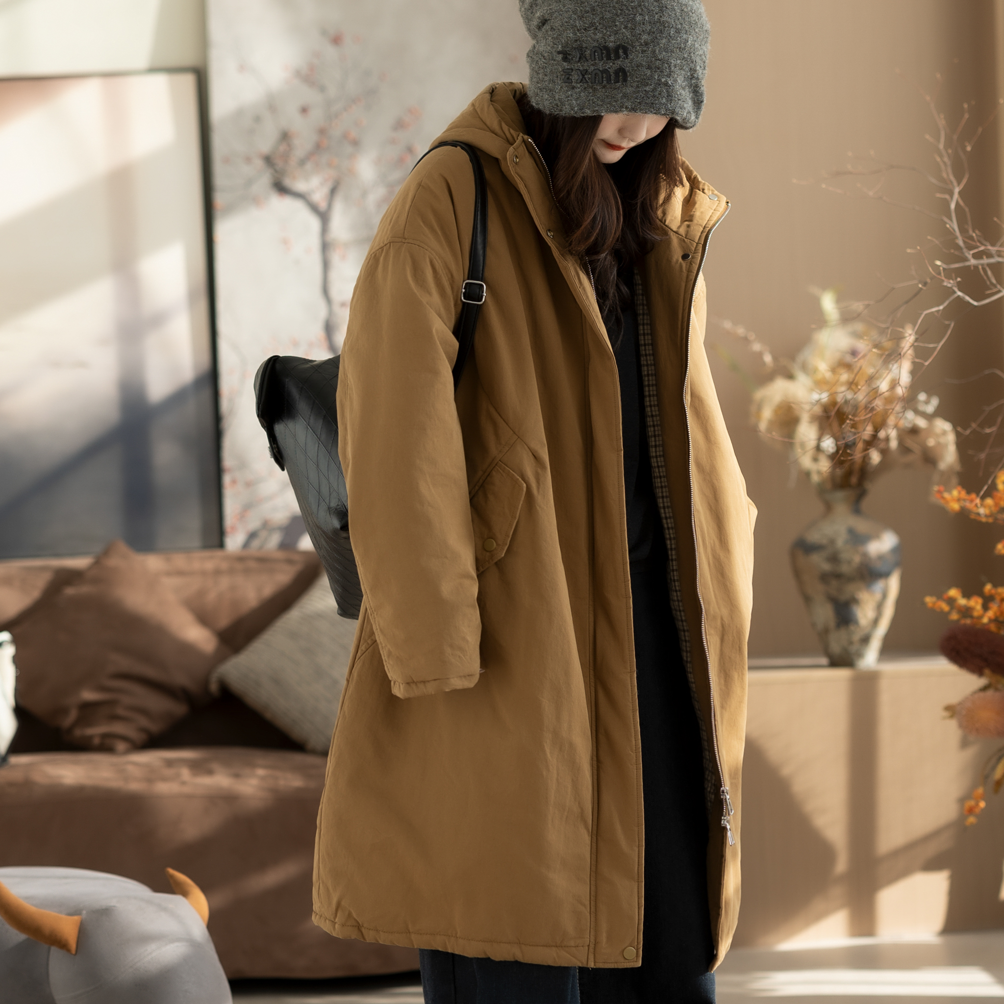 咖咪羽棉服女冬装新款女士长款风衣时髦洋气宽松全棉女装上衣棉袄