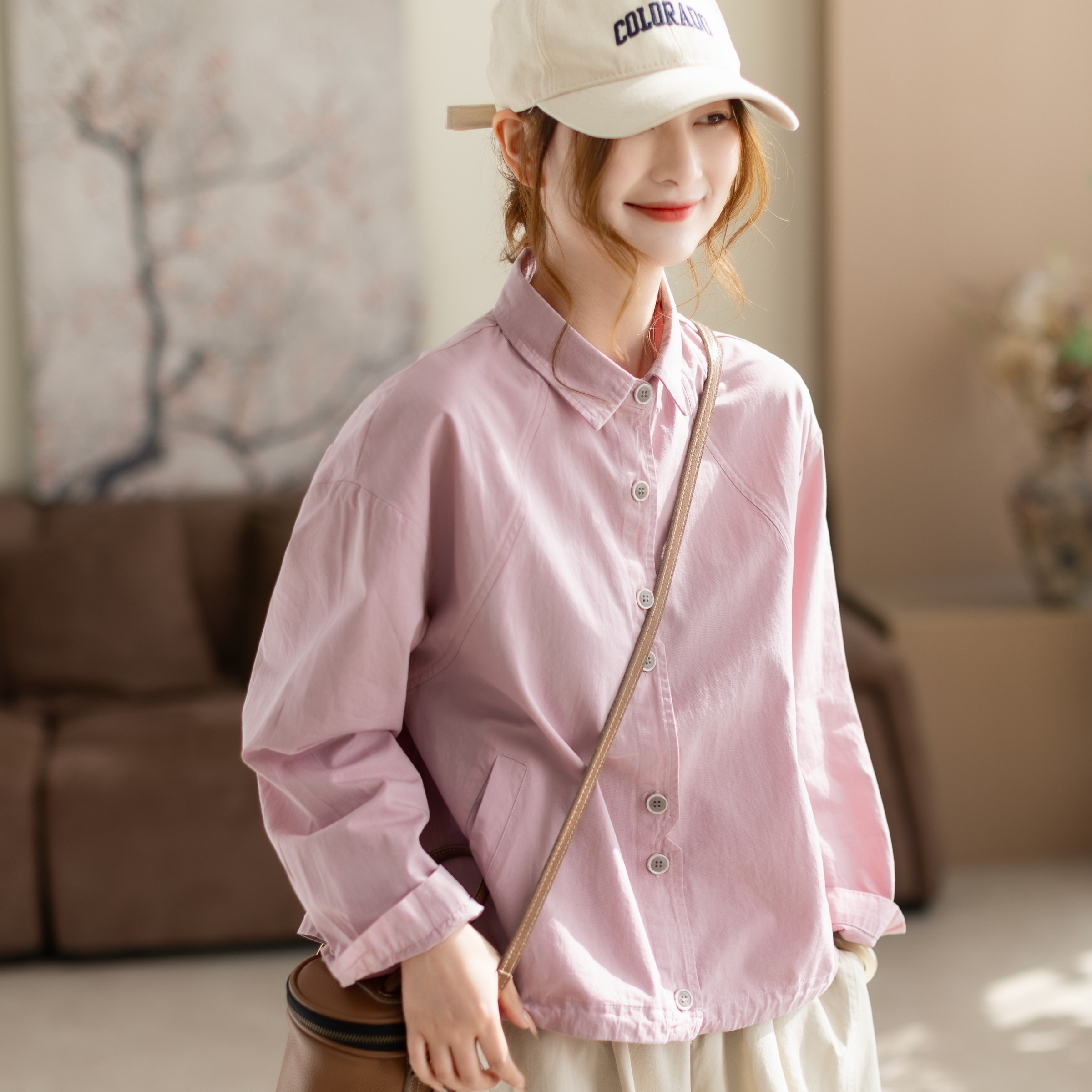 咖咪羽100%棉衬衫外套女全棉女士纯色开衫百搭流行气质女装衬衣