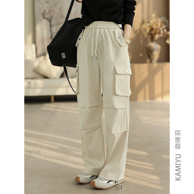 咖咪羽工装裤女秋装新款女士户外多口袋文艺百搭纯色松紧腰女装裤