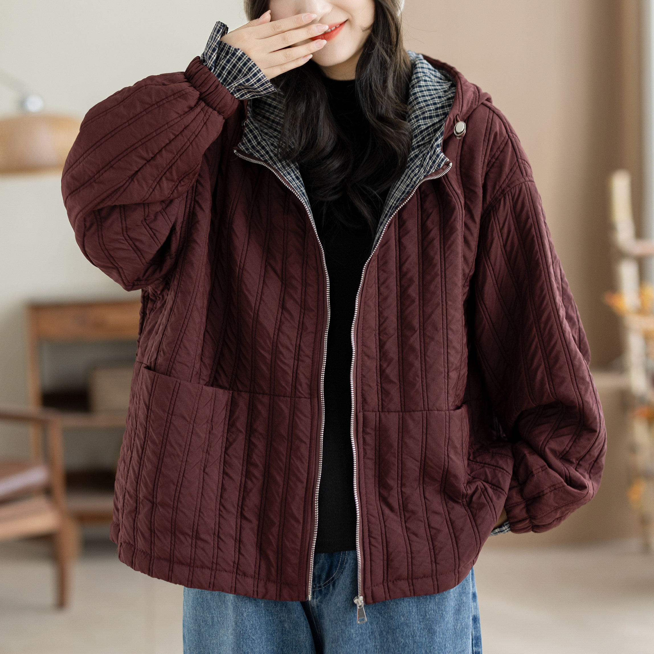咖咪羽薄棉服女秋冬新款复古宽松帽子女士洋气流行女装上衣外套女