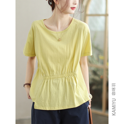 咖咪羽全棉短袖女2025新款女士夏季圆领收腰宽松纯色文艺通勤T恤