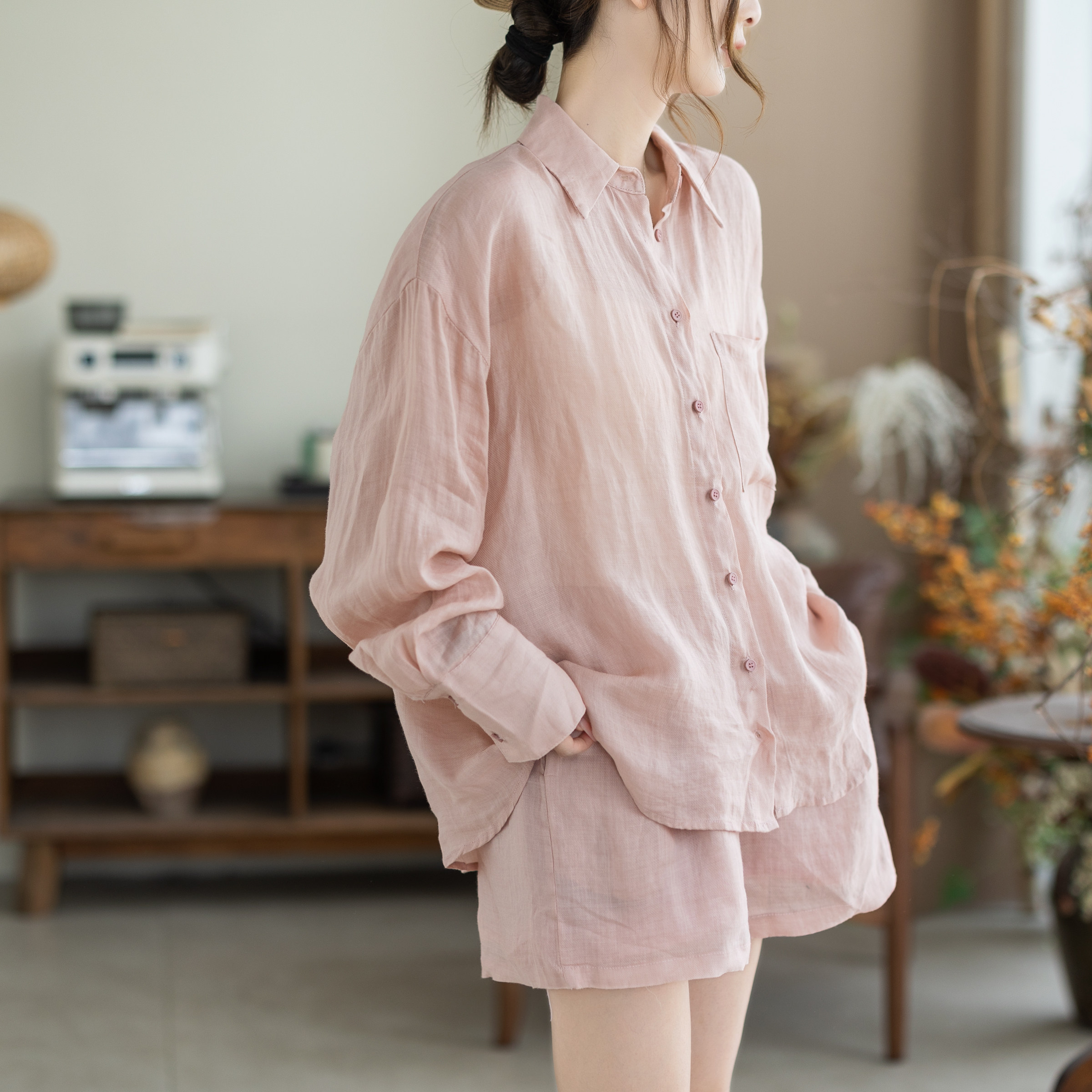咖咪羽苎麻防晒衬衫女夏季新款短裤套装女宽松透气轻薄慵懒两件套