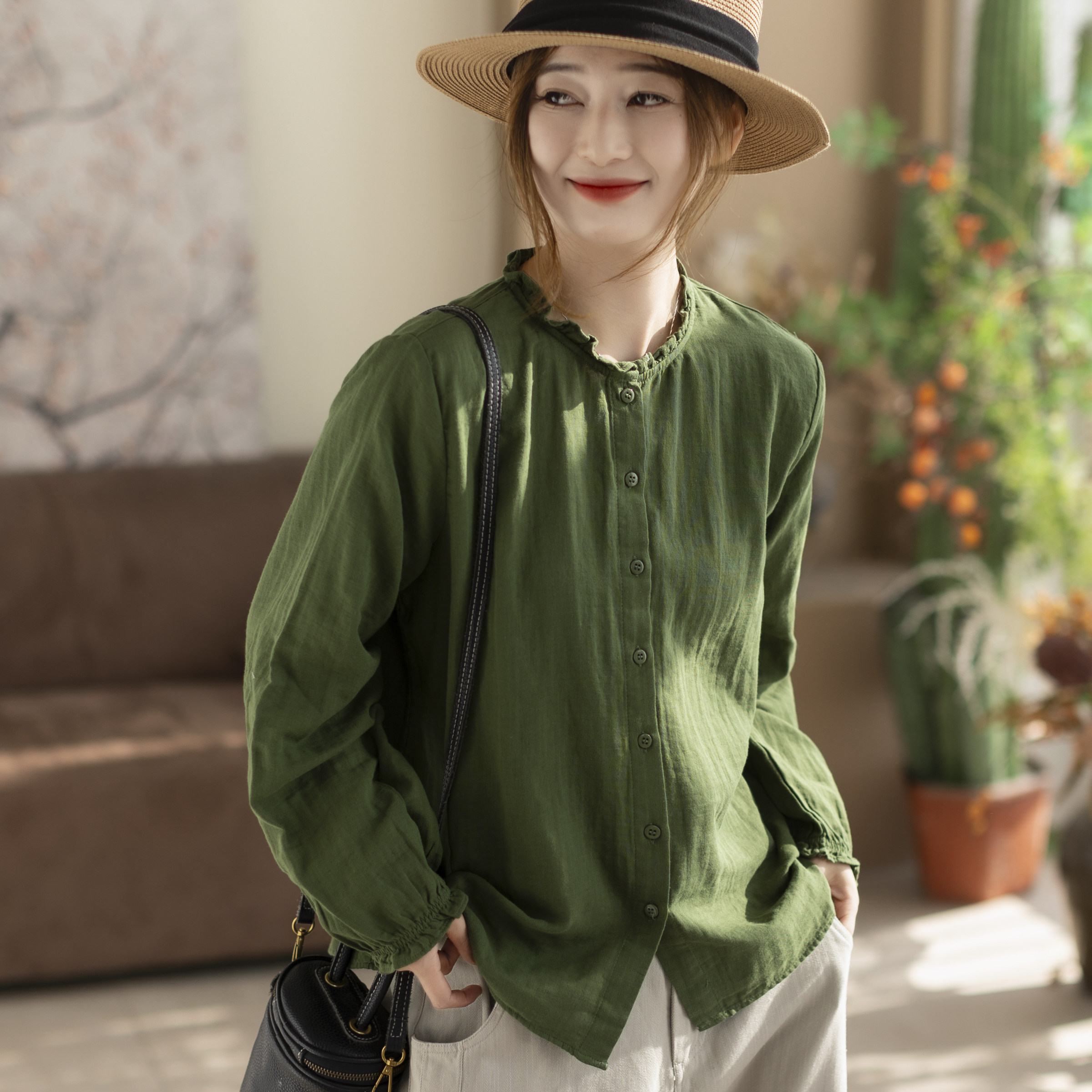 咖咪羽衬衫女春秋新款双层棉纱木耳花边减龄长袖衬衫百搭上衣