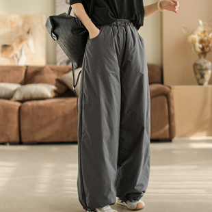 咖咪羽女秋冬新款 纯色高腰拼接百搭休闲夹棉加厚直筒休闲棉裤