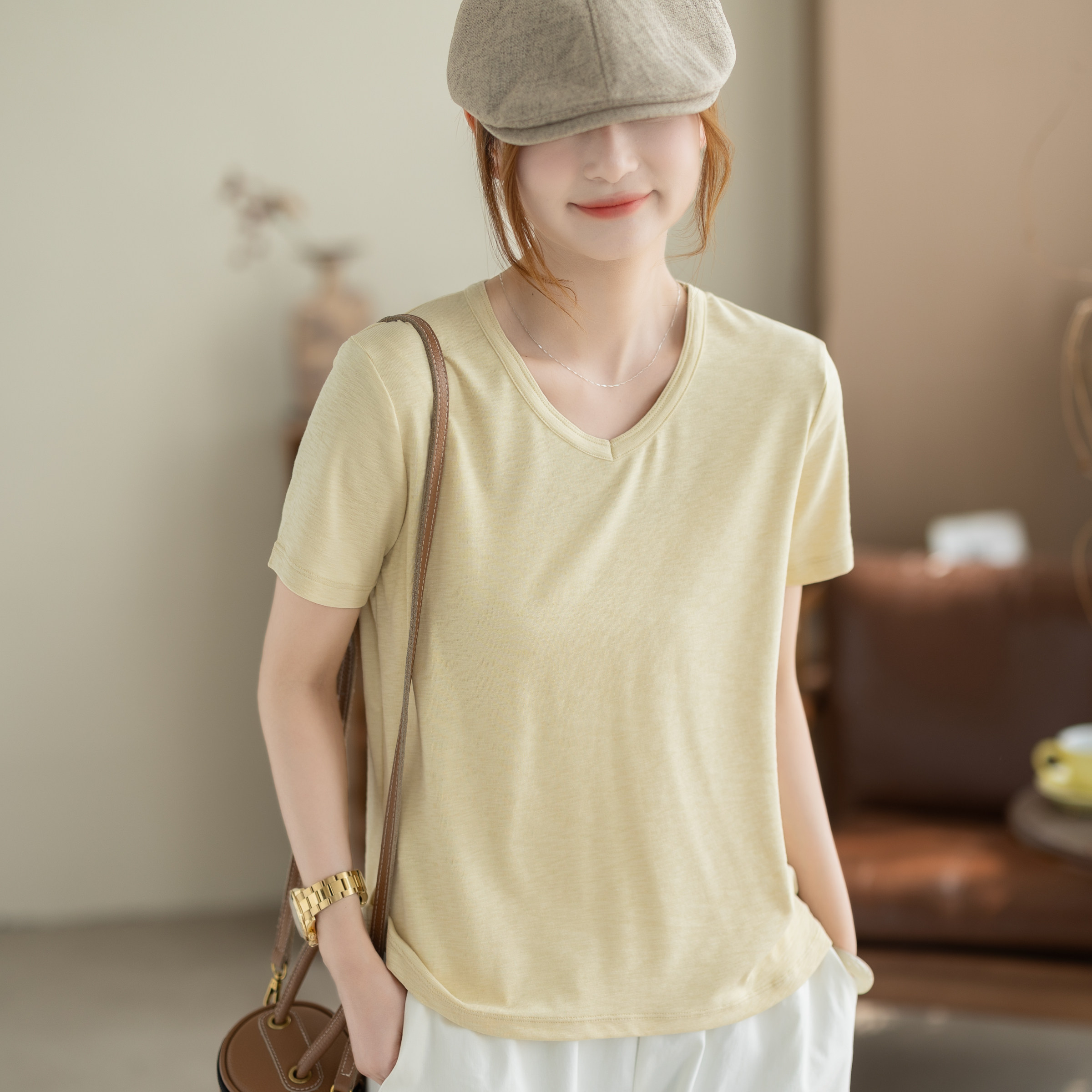 咖咪羽2026夏季新款V领竹节棉T恤女宽松显瘦休闲薄款纯色短袖上衣