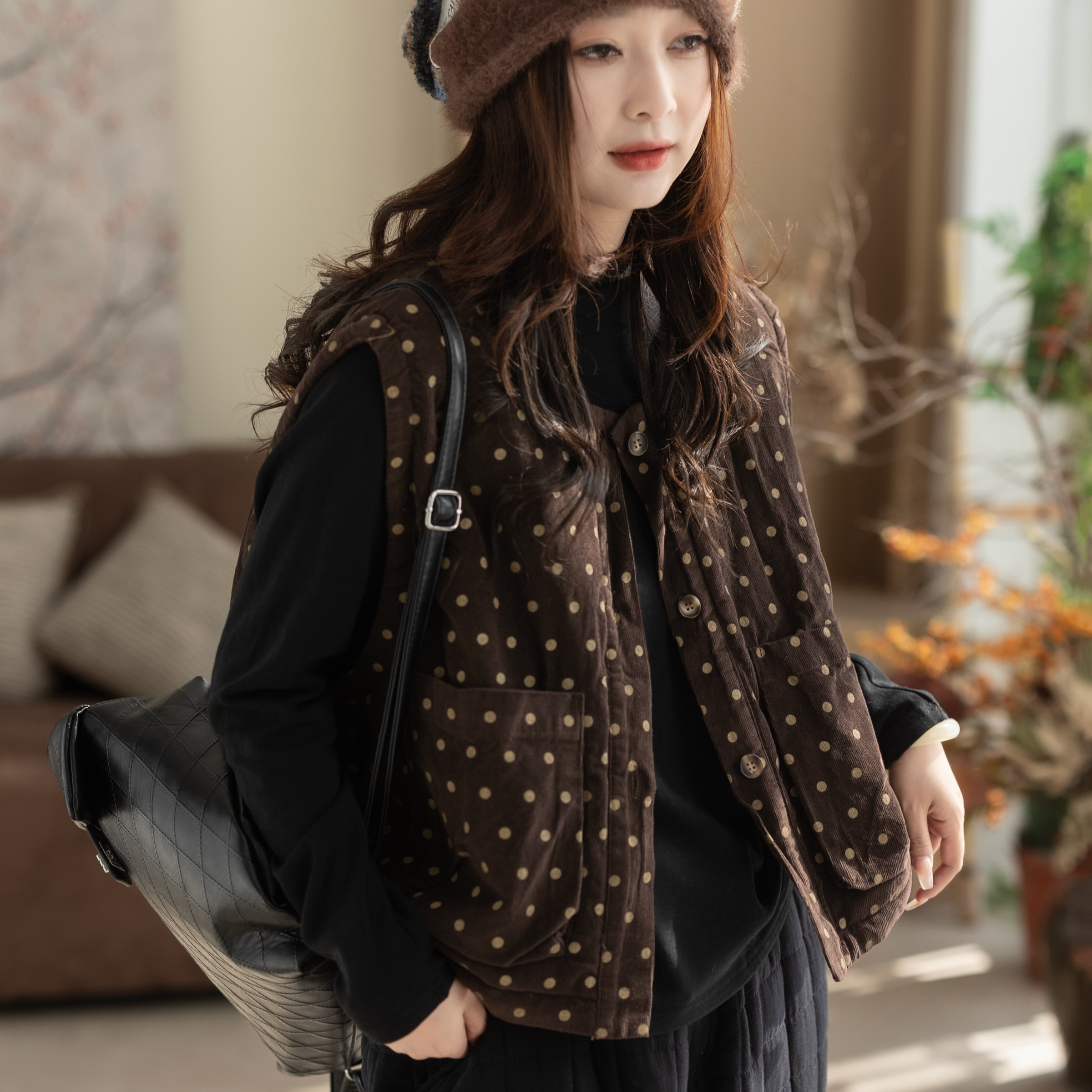 咖咪羽马甲女秋冬新款无袖纯色全棉休闲女士坎肩文艺复古女装马夹