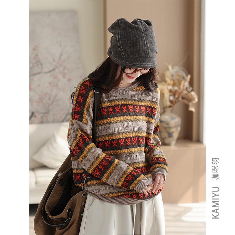 咖咪羽复古条纹秋冬女圆领韩版宽松大码休闲慵懒风针织毛衣,女装/女士精品,毛针织衫,淘宝优惠券,粉丝福利购,淘宝优惠卷
