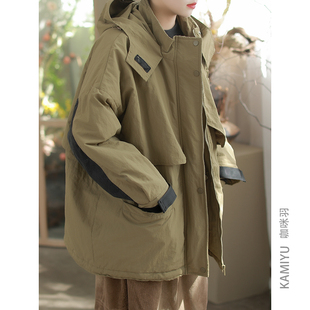 女款 工装 棉风衣外套 复古小众设计感夹棉中长款 咖咪羽冲锋衣女时尚