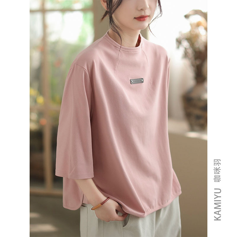 咖咪羽T恤女夏装新款休闲纯色女士韩版简约圆领宽松大码女装短袖