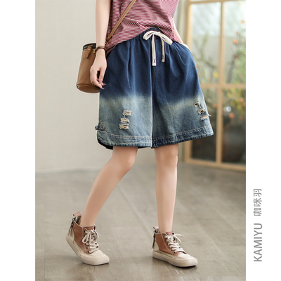 咖咪羽牛仔短裤女夏季新款复古水洗破洞百搭简约直筒宽松女款裤子