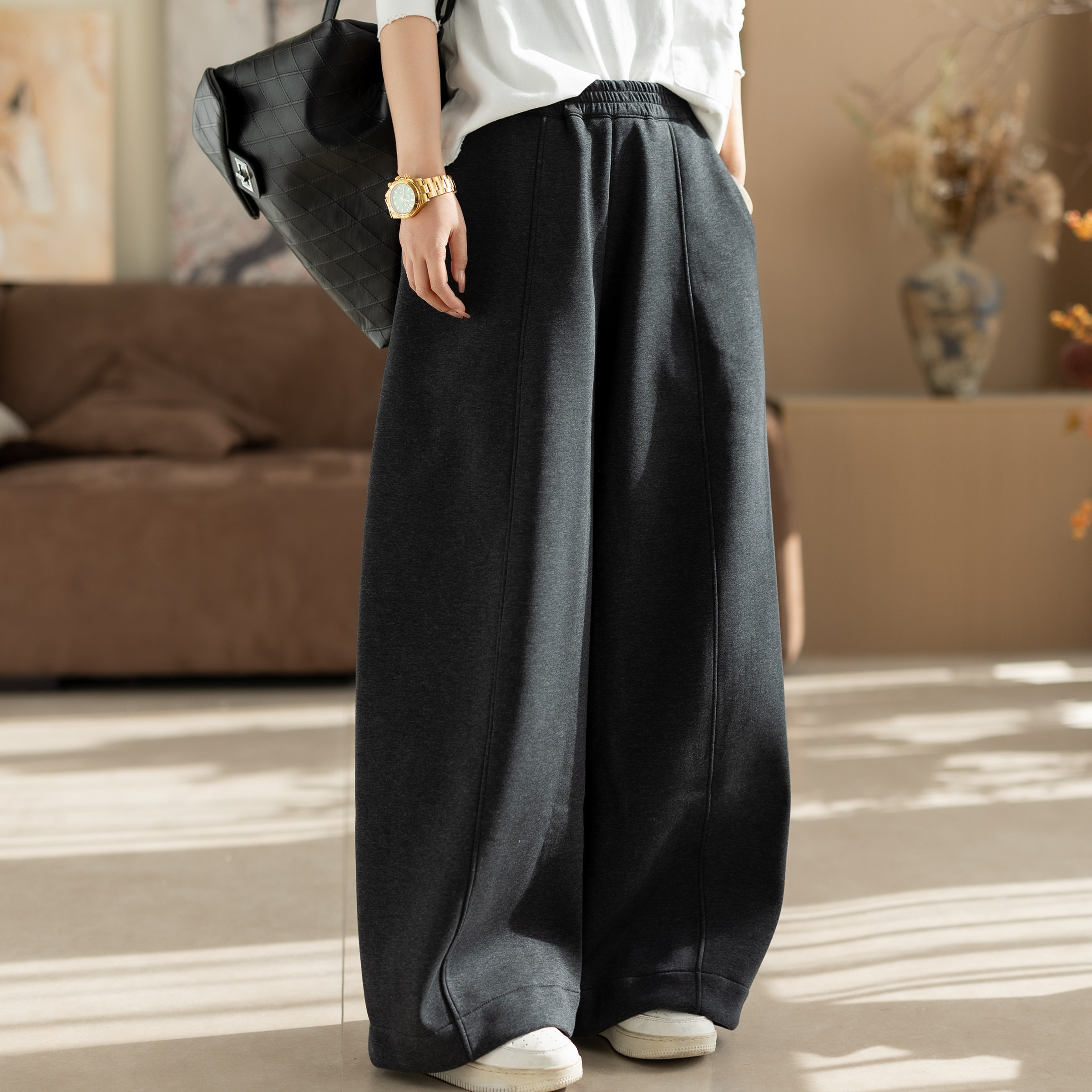 咖咪羽休闲裤女冬装加绒新款加厚宽松百搭长裤流行纯色女装阔腿裤