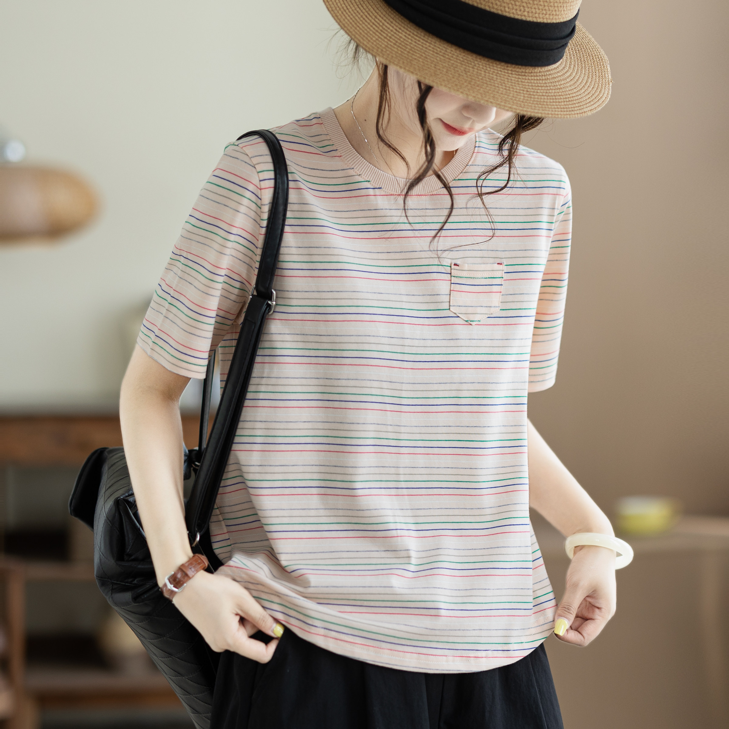 咖咪羽100%棉短袖夏季新款女士文艺条纹圆领宽松女装上衣T恤女