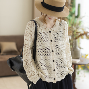 咖咪羽针织外套女春秋新款洋气休闲镂空棉线女士纯色复古宽松上衣