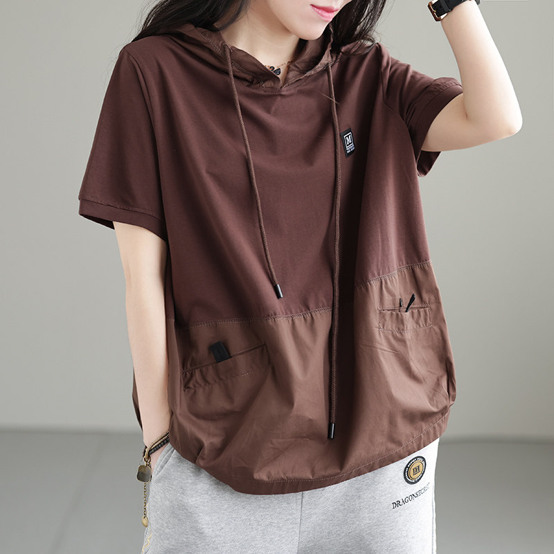 咖咪羽T恤女夏装新款女士时尚帽子休闲女式文艺黑色女装 体恤上衣