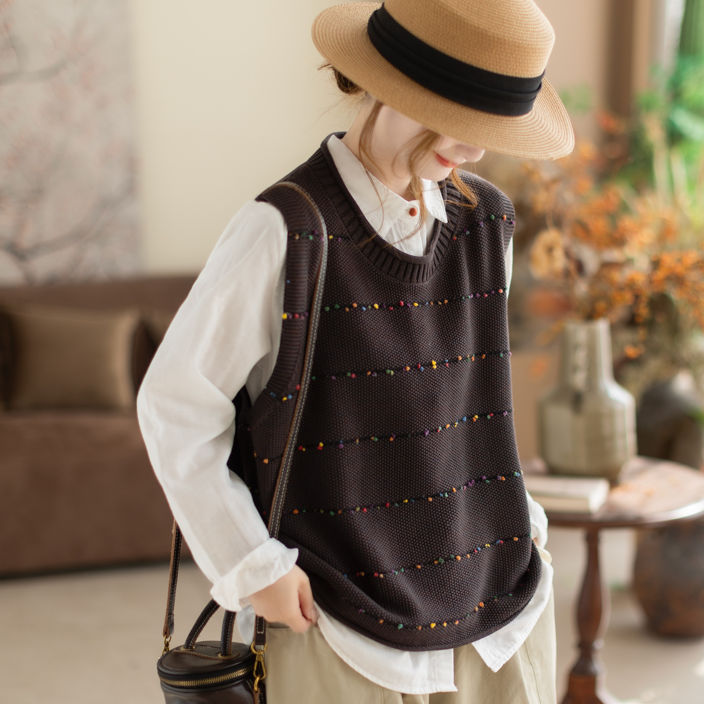 2026新款春秋马甲女圆领气质无袖坎肩宽松拼接百搭女装上衣马夹