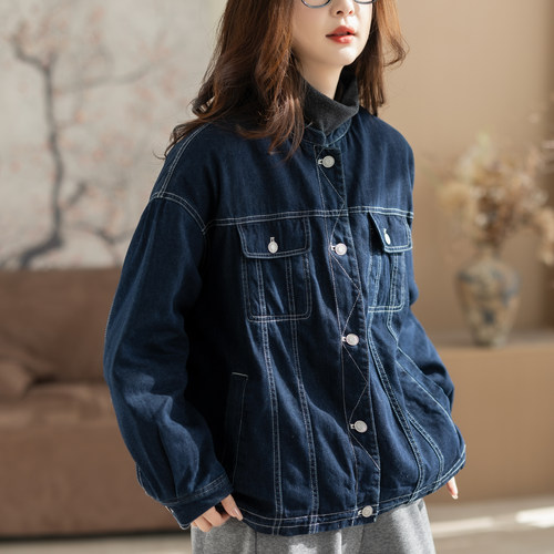 咖咪羽牛仔外套女秋冬新款深蓝宽松拼接流行文艺休闲百搭通勤上衣