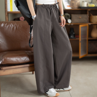 柔软肌理料松紧腰宽松显瘦高腰哈伦百搭休闲裤 咖咪羽裤 子女散步裤