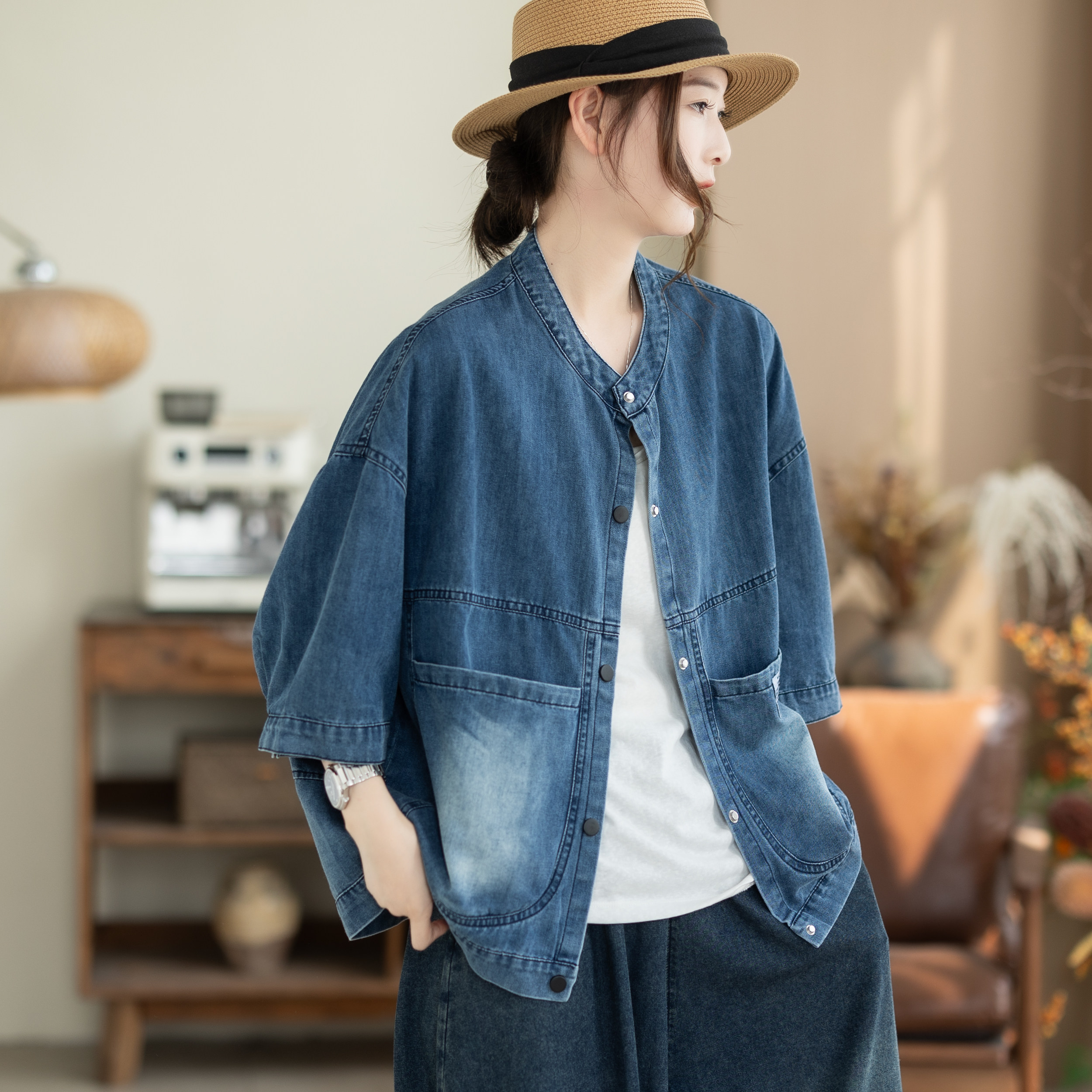 咖咪羽牛仔短袖外套女日系立领水洗夏季宽松显瘦做旧设计感衬衫女