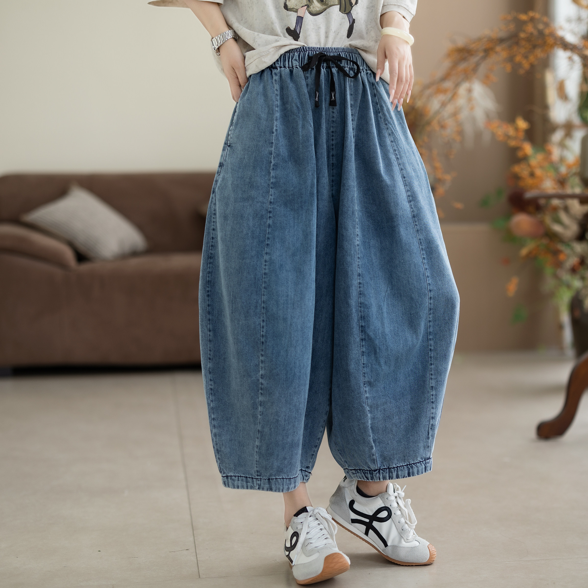 咖咪羽夏季新款复古文艺百搭宽松哈伦裤女显瘦女装八分灯笼裤女