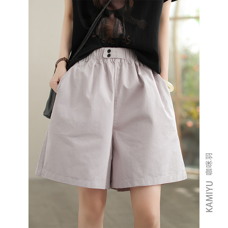 咖咪羽100%棉休闲短裤女夏装新款小众纯色时尚宽松拼接女装五分裤