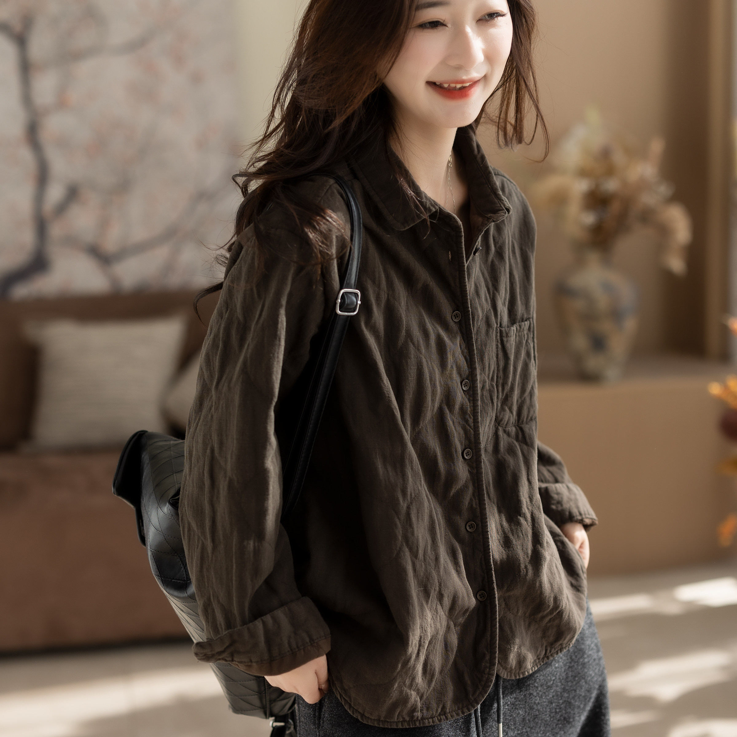 咖咪羽麻外套女秋冬新款内里夹棉文艺通勤显瘦女士百搭复古女装