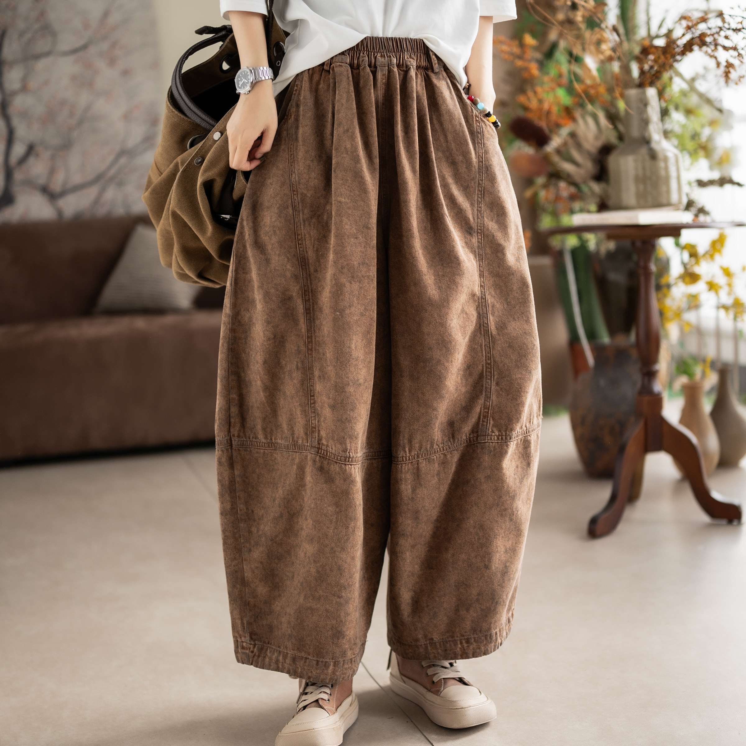 咖咪羽复古重工炒色全棉牛仔裤2026春季新款磨白显瘦九分哈伦裤