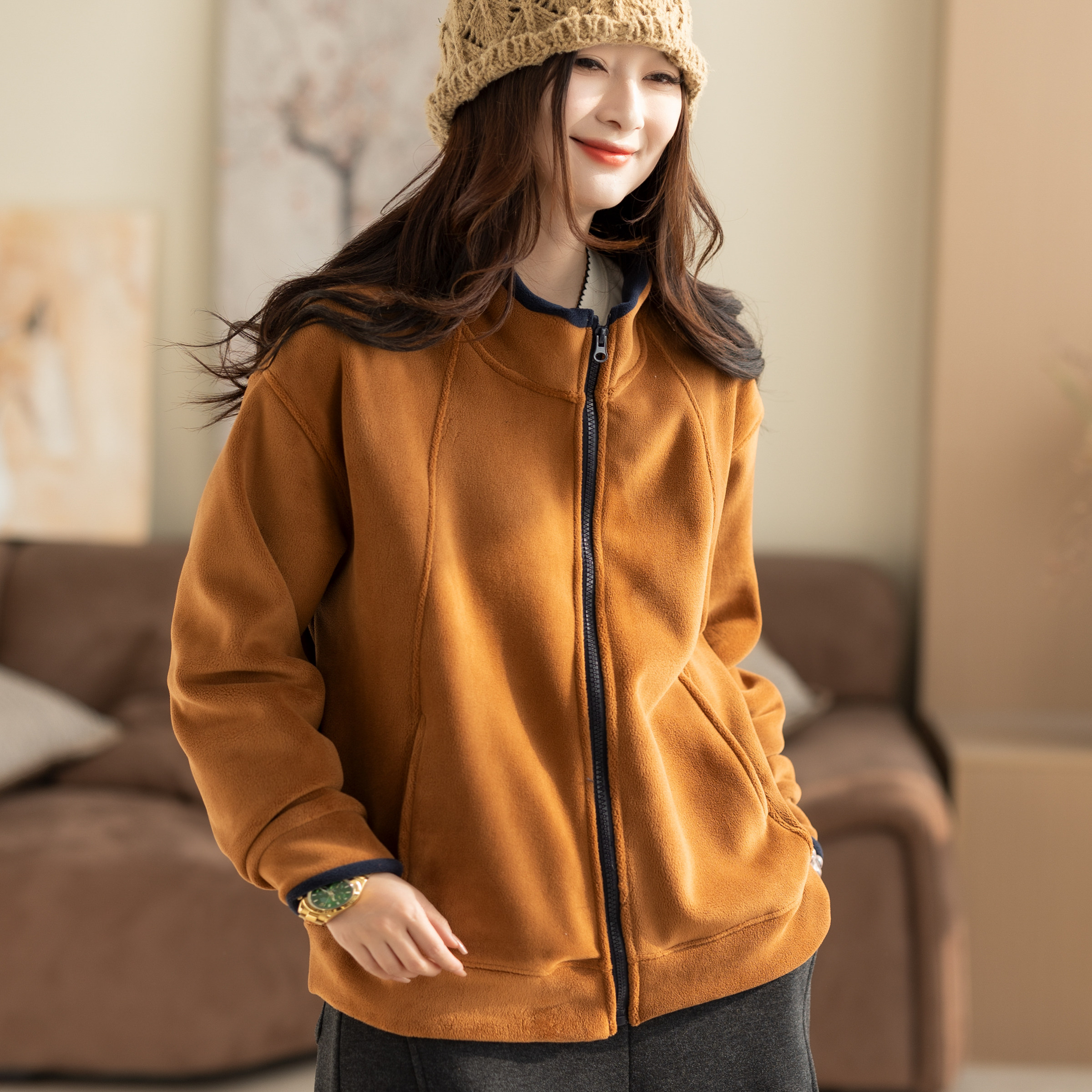 咖咪羽复古外套女秋冬新款双面奥粒绒加厚上衣休闲纯色外套