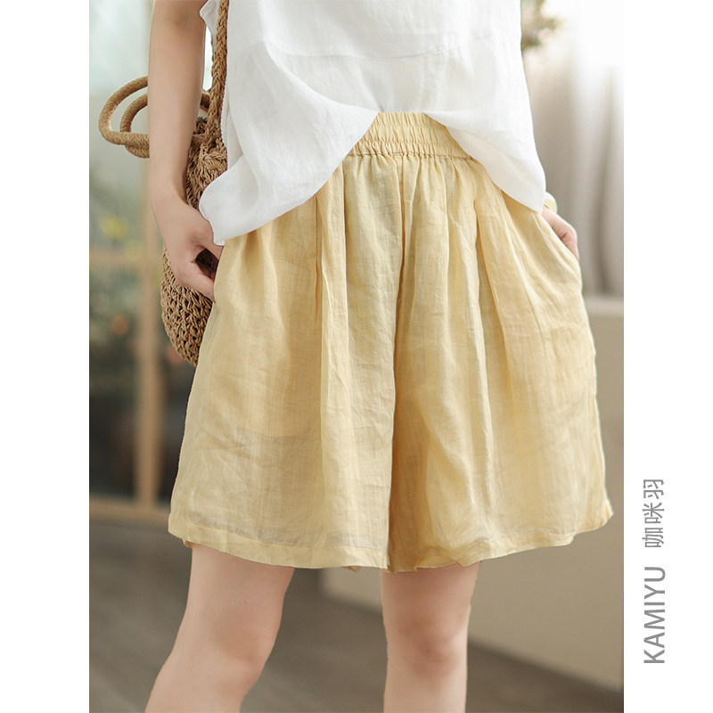 咖咪羽苎麻短裤女夏装新款时尚纯色简约水洗高腰百搭女装五分裤女
