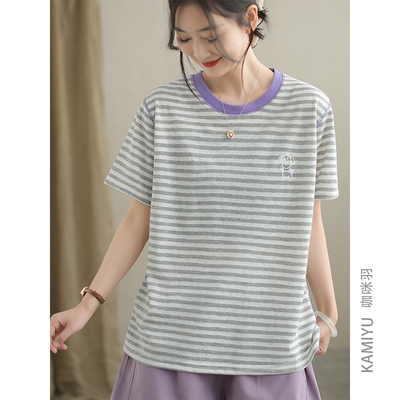 咖咪羽短袖女夏季新款圆领宽松女式休闲条纹百搭复古女装上衣T恤