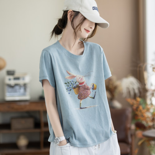 咖咪羽短袖复古做旧卡通兔子印花夏季深灰宽松百搭休闲上衣T恤女