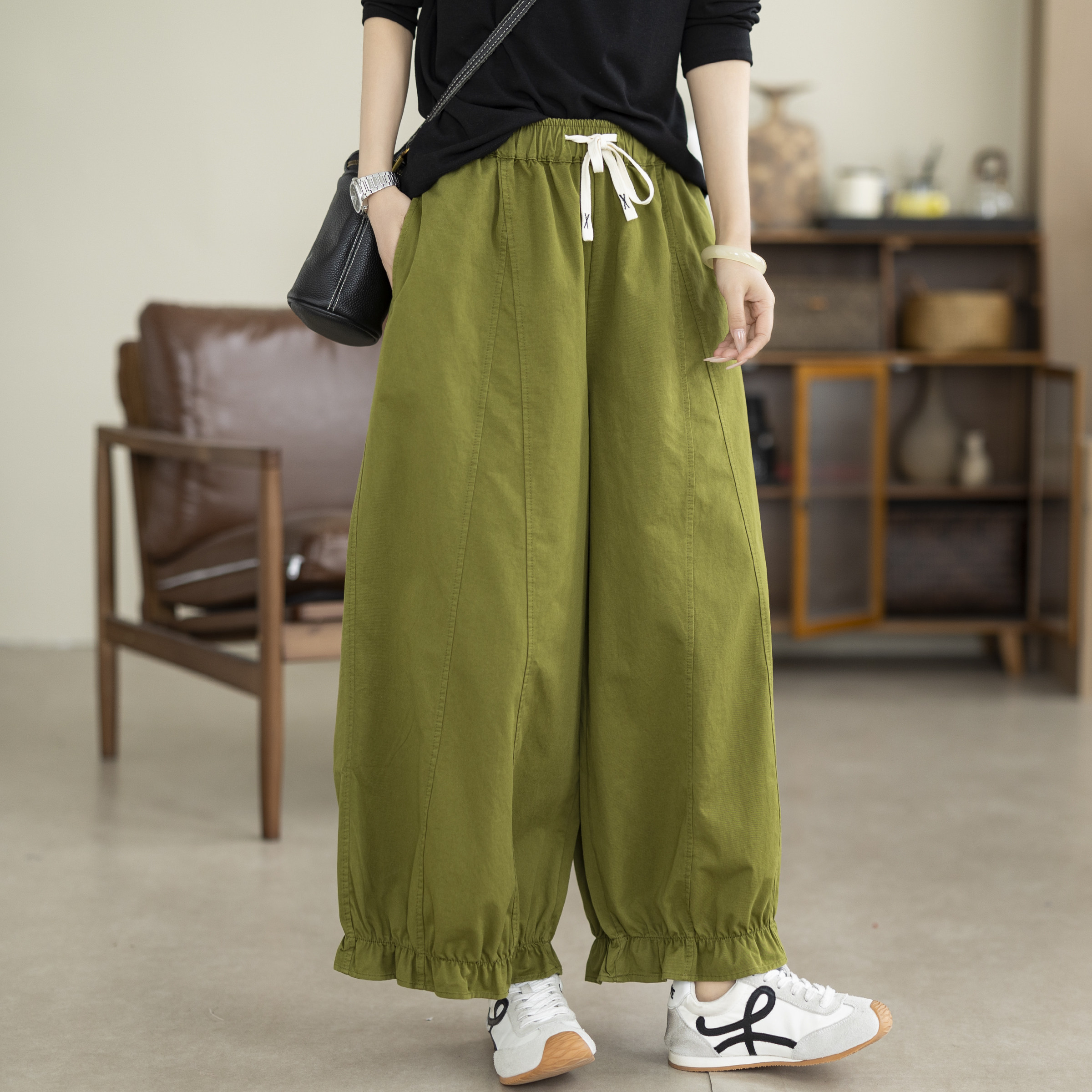咖咪羽100%棉绿色抽绳阔腿灯笼裤女宽松显瘦高腰春夏休闲百搭裤子
