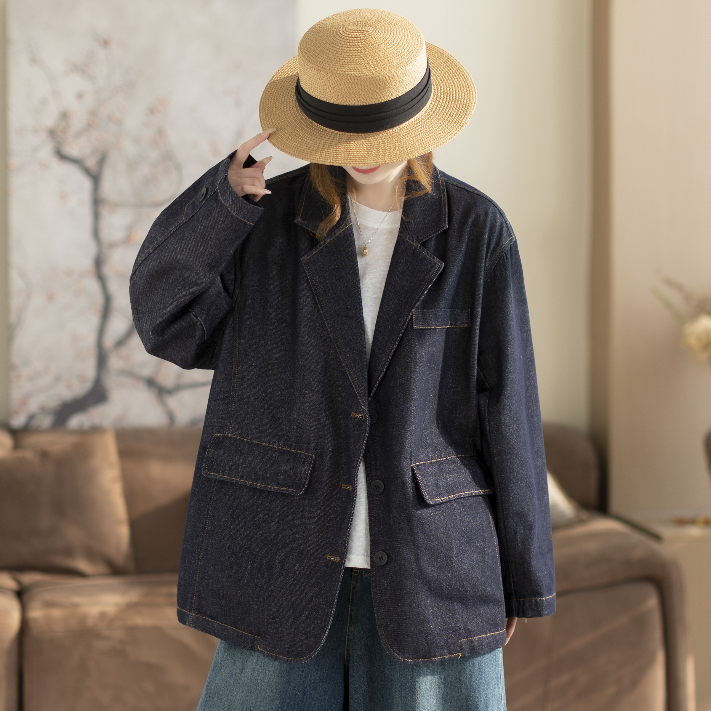 咖咪羽简约气质设计感复古原色水洗牛仔西服春秋新款宽松外套女