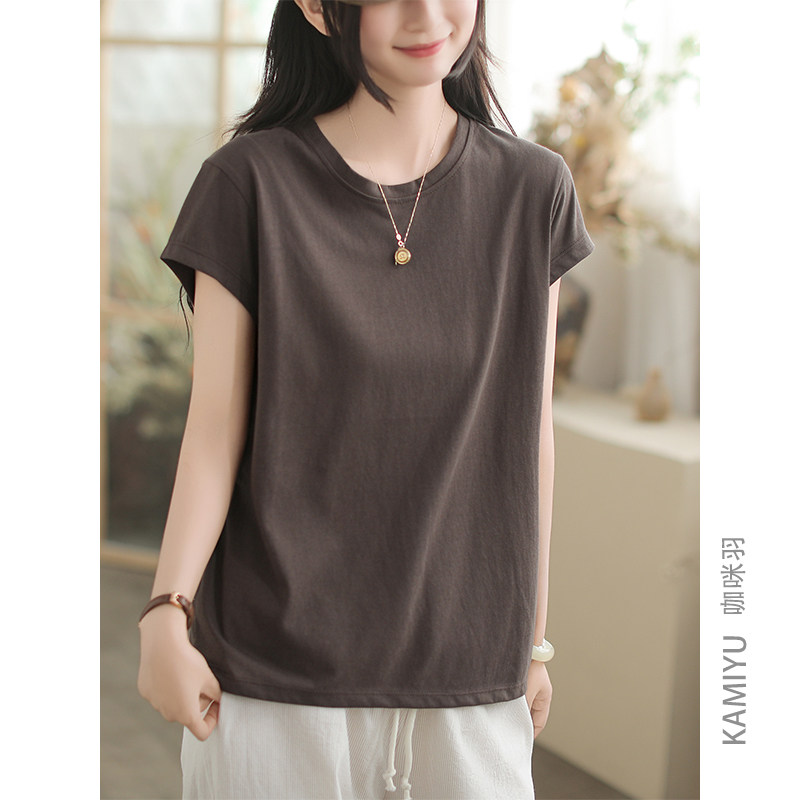 咖咪羽短袖女夏装新款棉麻文艺2025新款原创时尚休闲圆领女装T恤