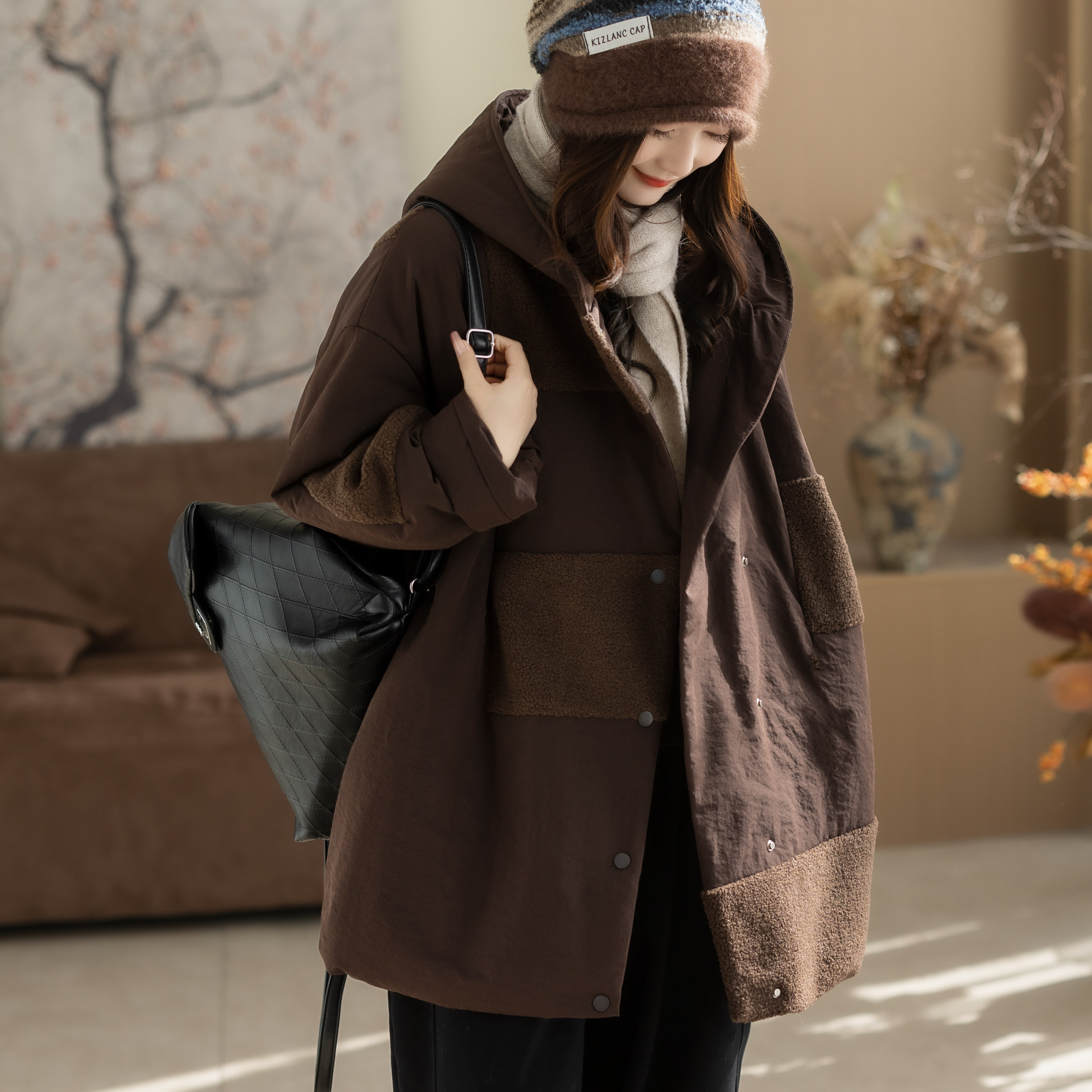 咖咪羽冬装连帽夹棉加厚2025新款女装休闲宽松大码保暖拼色棉服