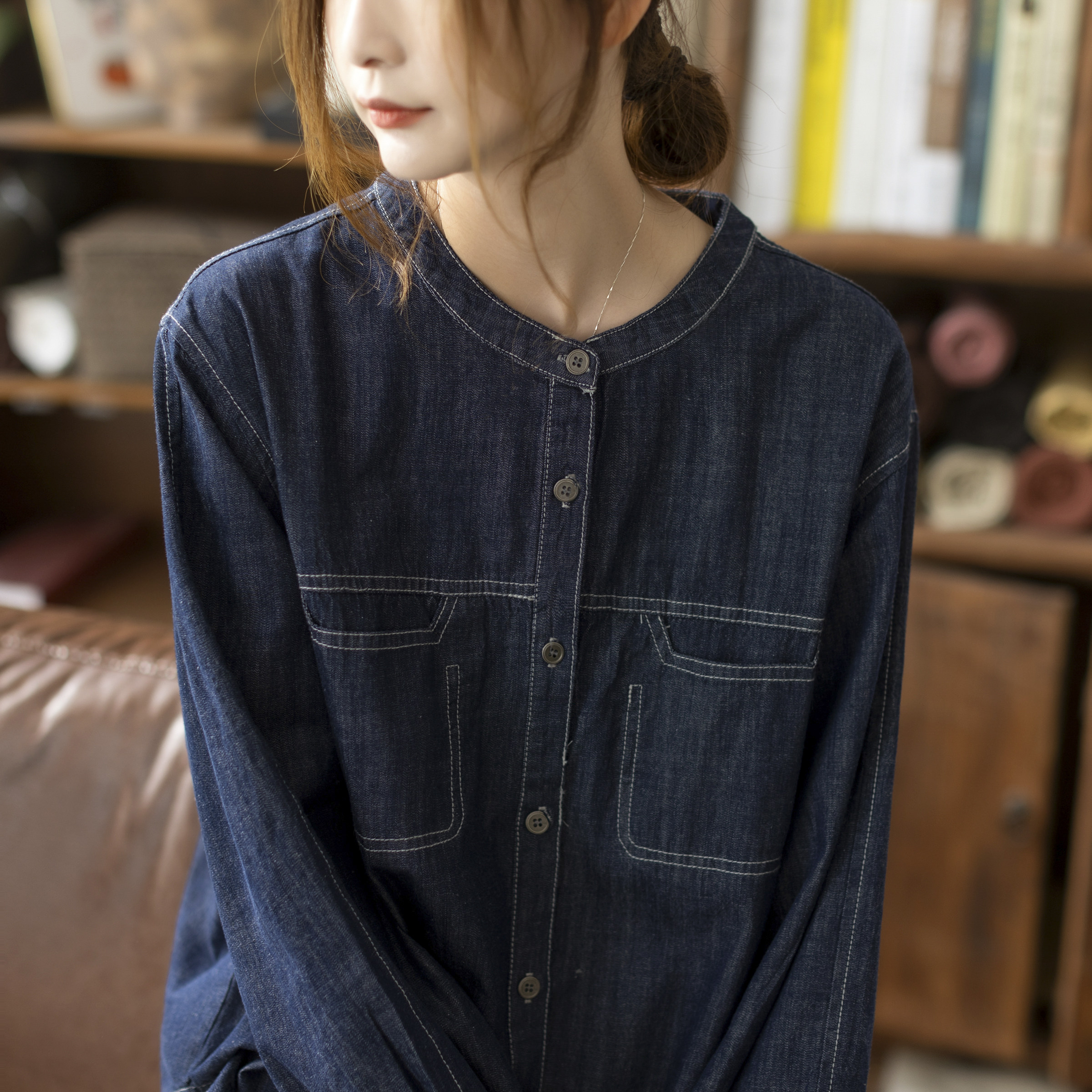 咖咪羽牛仔衬衫女休闲全棉女士深蓝复古宽松亲肤透气女装上衣开衫,女装/女士精品,衬衫,淘宝优惠券,粉丝福利购,淘宝优惠卷
