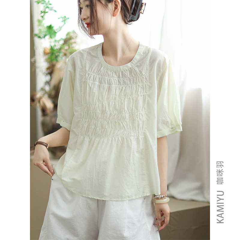 咖咪羽衬衫女夏季新款圆领纯色百搭复古简约宽松拼接通勤女装T恤