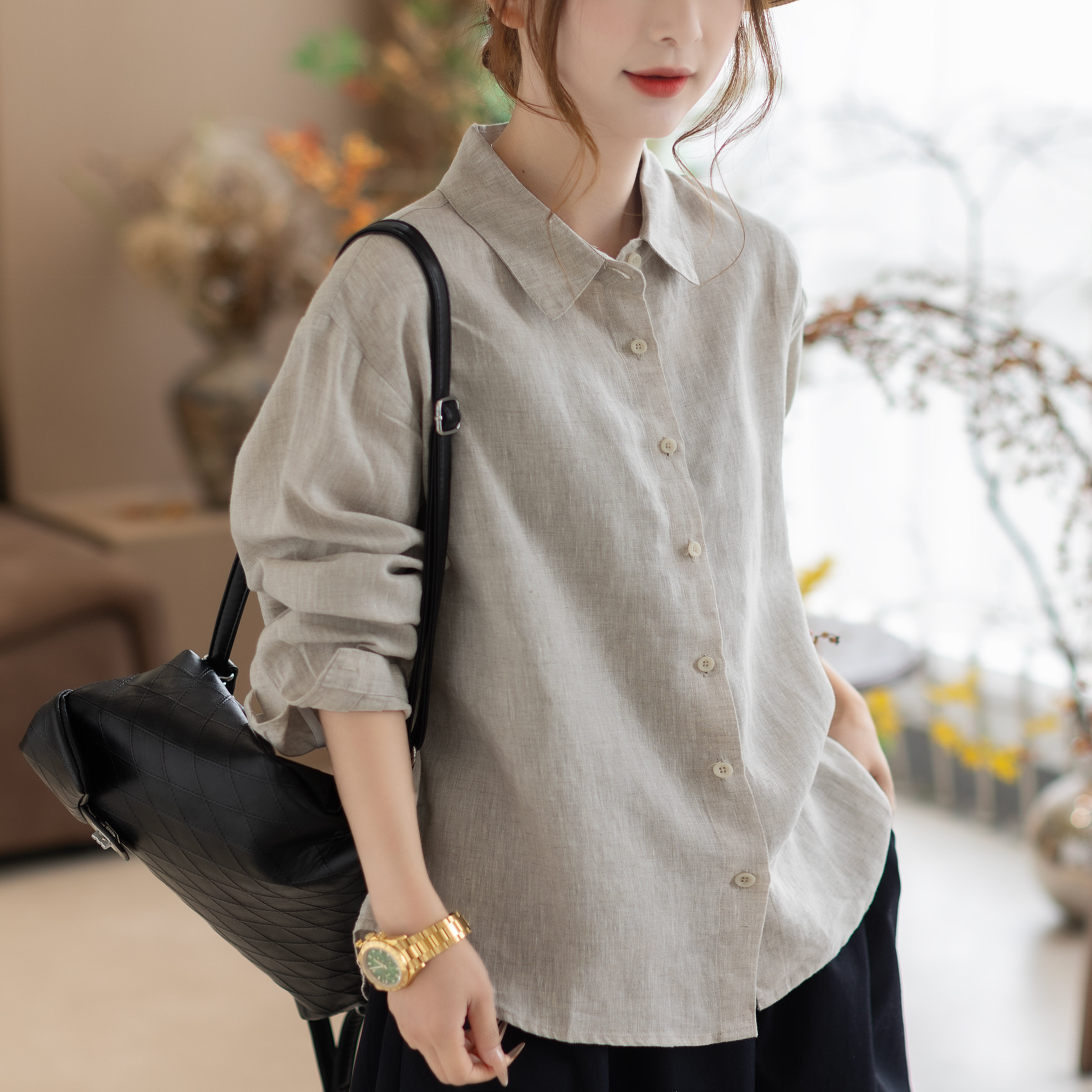 咖咪羽亚麻100%衬衫女休闲气质显瘦女士宽松翻领显瘦女款开衫上衣,女装/女士精品,衬衫,淘宝优惠券,粉丝福利购,淘宝优惠卷