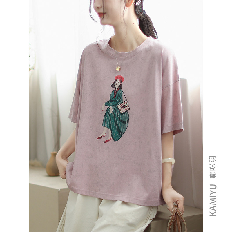 咖咪羽印花女孩夏季新款韩版宽松休闲减龄显瘦卡通短袖T恤女