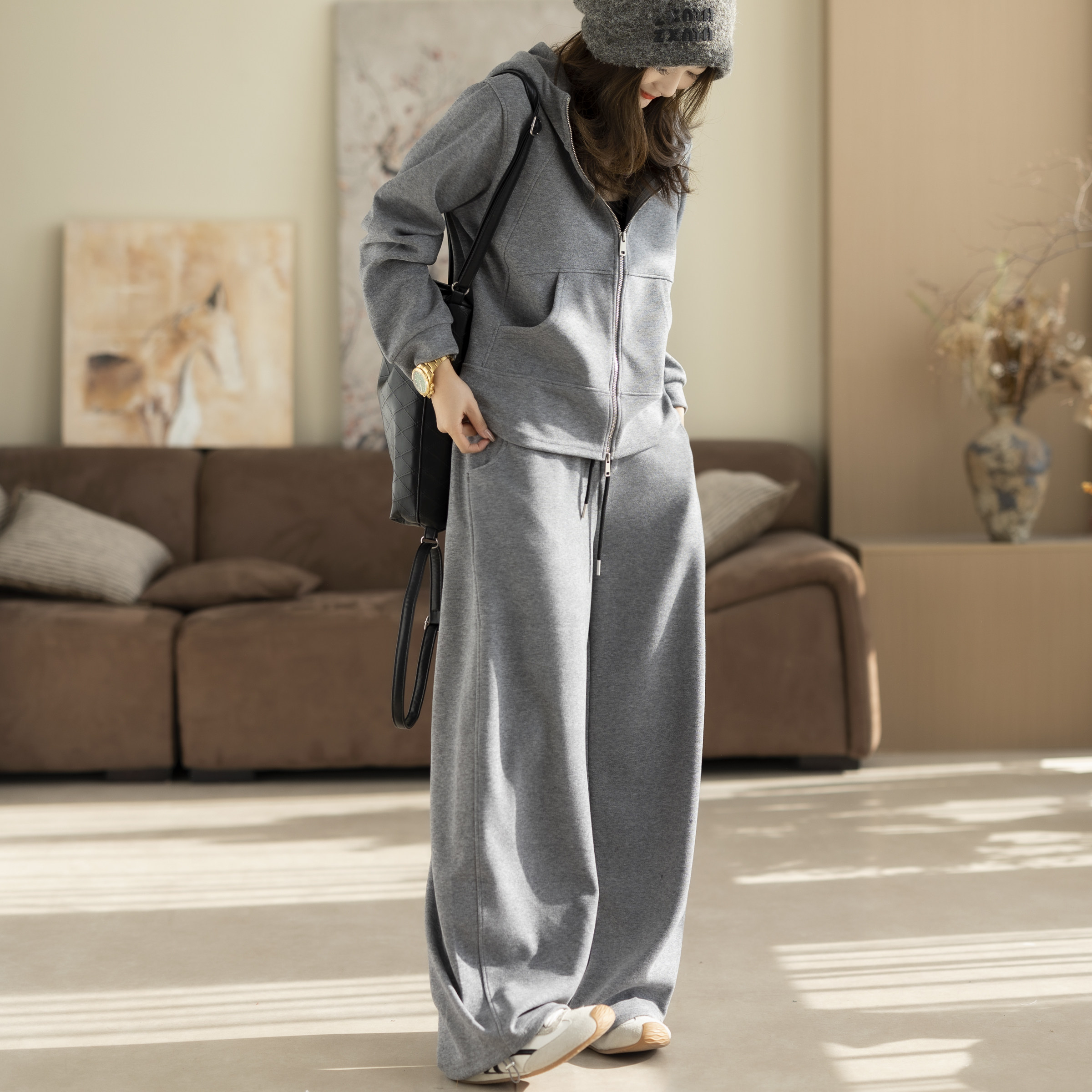 咖咪羽套装卫衣女新款纯色文艺休闲宽松女士通勤洋气百搭女装裤子