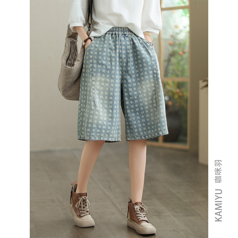 咖咪羽牛仔短裤女新款水洗直筒宽松自然腰百搭简约复古女装牛仔裤