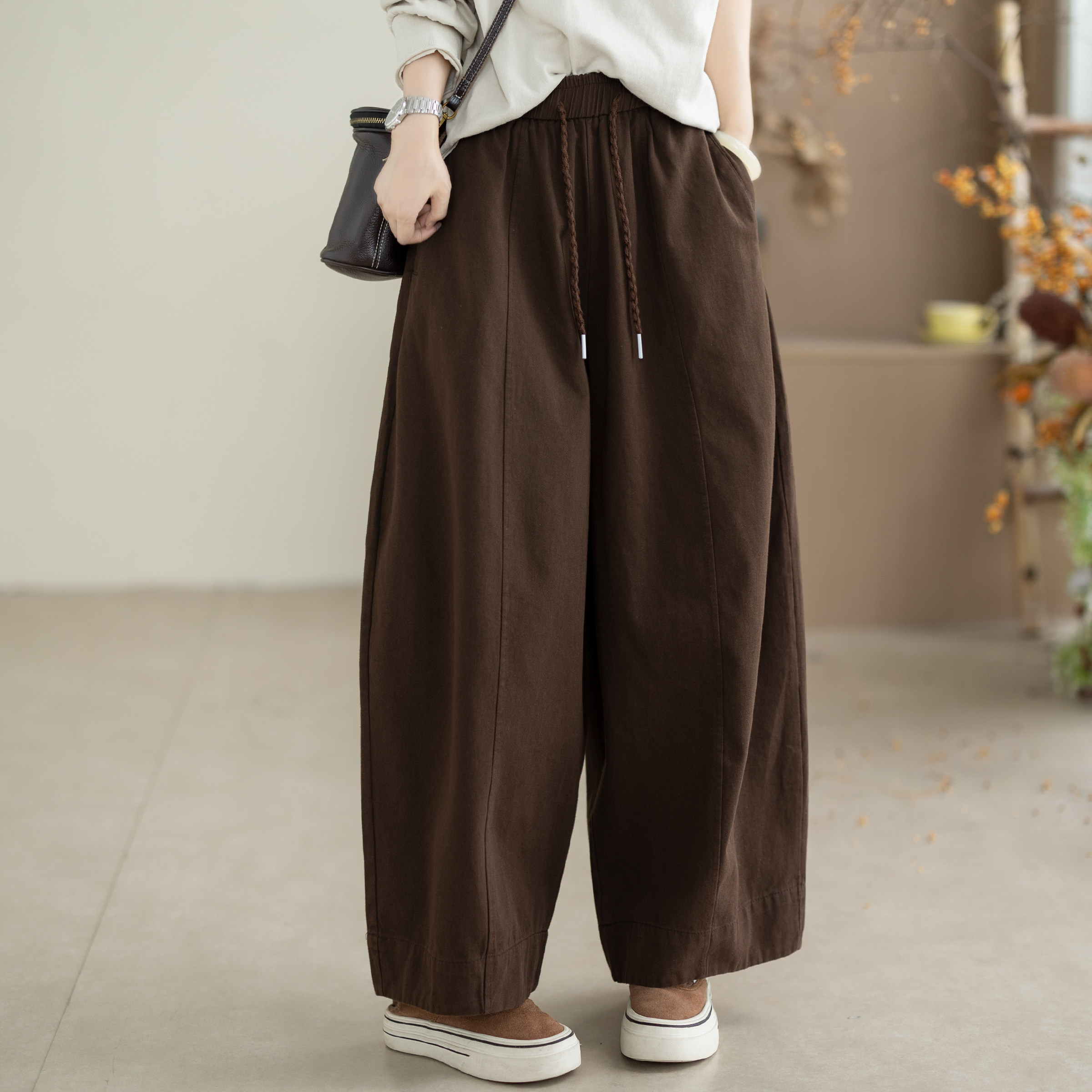 咖咪羽文艺休闲裤女秋季新款纯色复古百搭洋气大码宽松女装裤子
