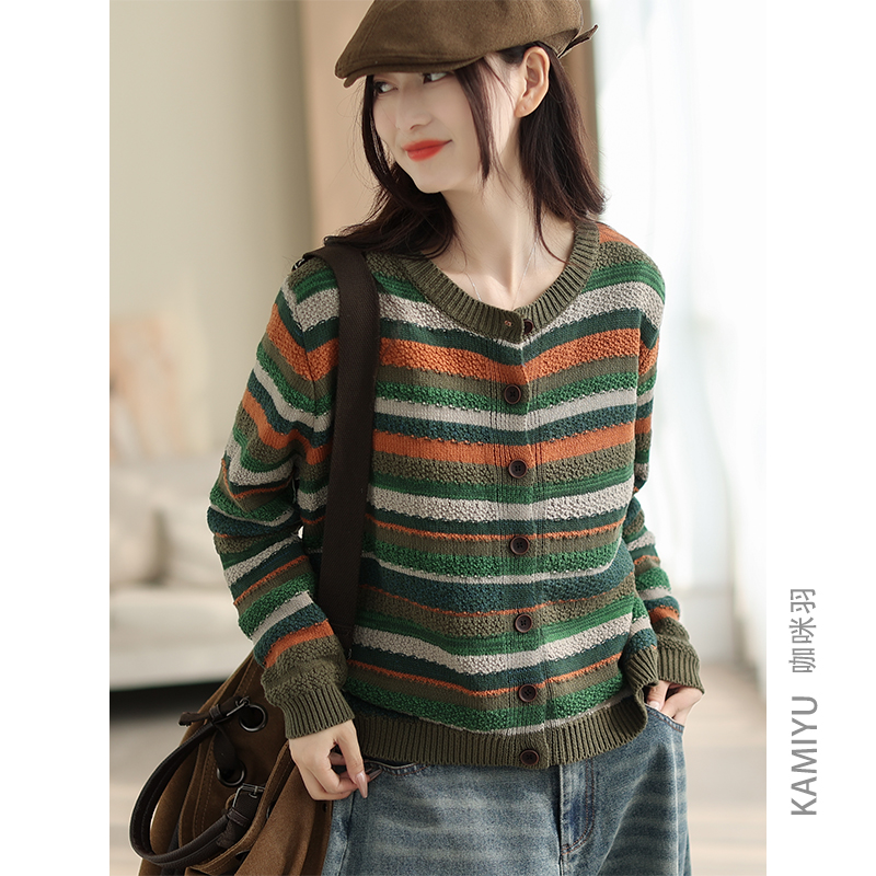 咖咪羽复古提花开衫外套针织毛衣单排扣条纹彩色外套女