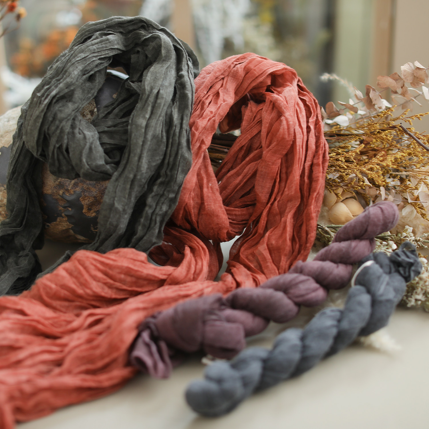 咖咪羽日系扎染围巾春秋长款文艺复古褶皱丝巾百搭时尚薄款围巾