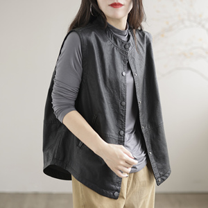 新款皮衣马甲女秋装黑色无袖坎肩宽松时尚百搭通勤圆领女装外套潮