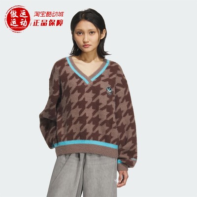 阿迪三叶草女子复古千鸟格针织衫