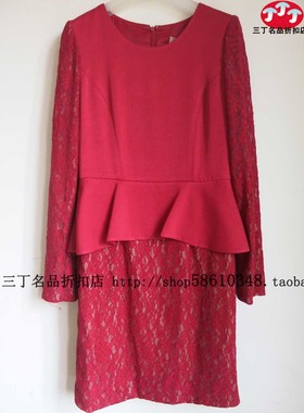 韩国咖啦女CARA专柜正品C256深红色圆领镂空长袖春秋连衣裙原3280