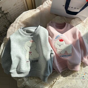 【快乐氛围】韩国女童秋冬上衣百搭舒适卡通刺绣加绒保暖套头卫衣