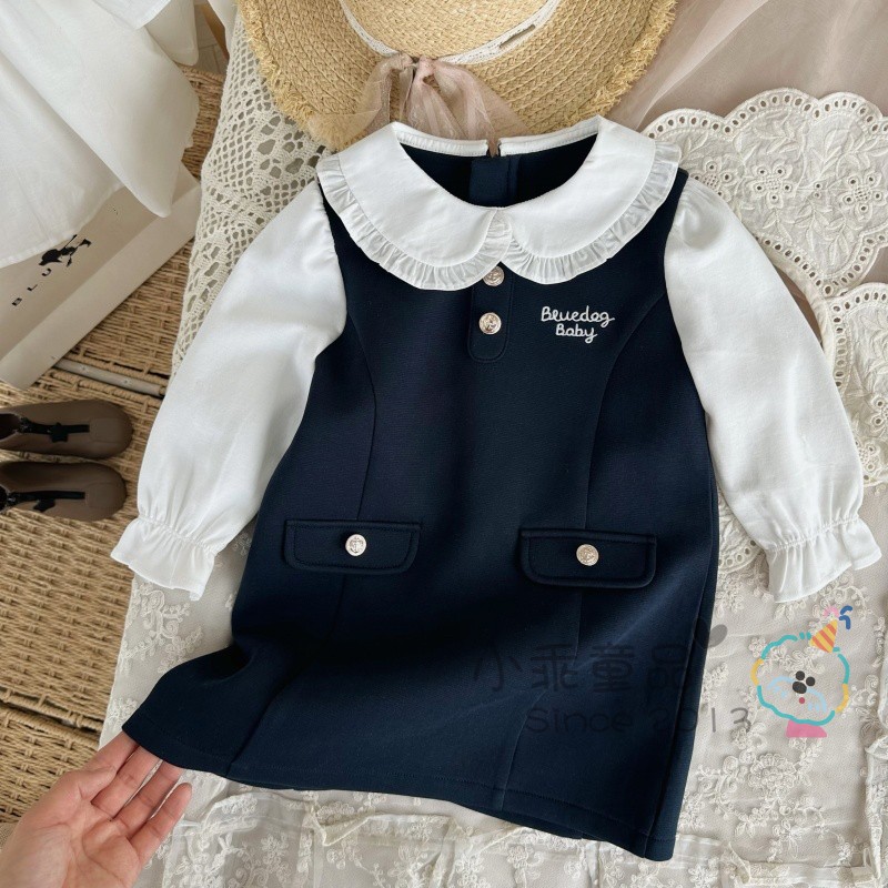 韩国春秋拼接翻领学院风连衣裙