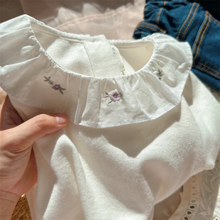 柔软棉磨毛翻领刺绣百搭打底衫 女童春秋上衣 衬衫 软糯磨毛